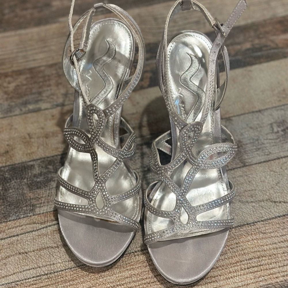 Nina Silver Strappy Heels with Slingback Design